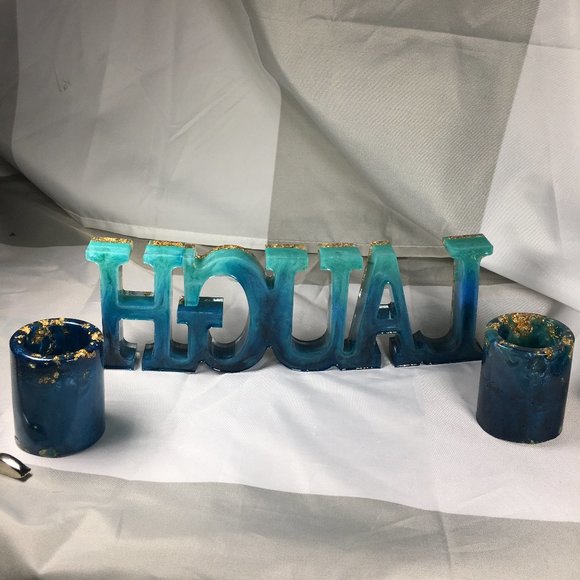 Resin Laugh Sign with 2 Votive Candle Holders - Picture 5 of 14